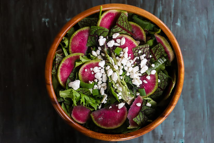 Watermelon Radish Salad with Goat Cheese and Sorrel